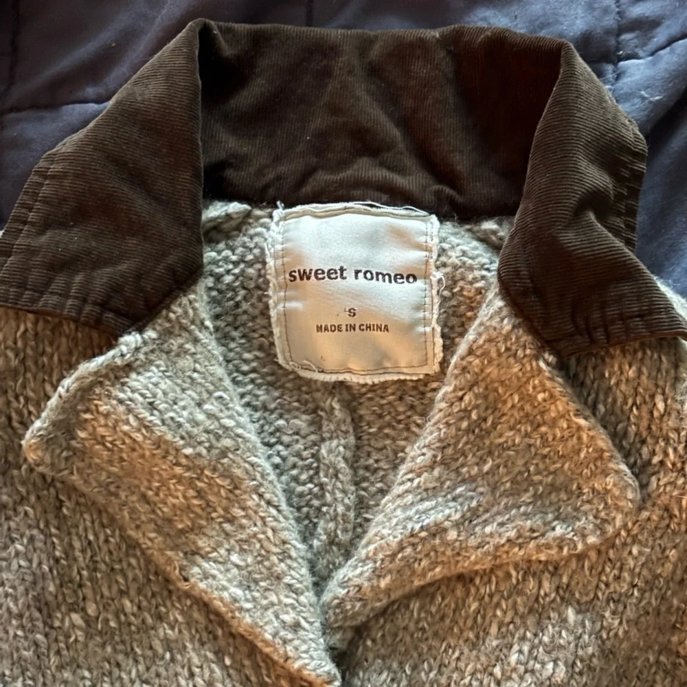 Dark Academia Button Down Wool Blend Sweater Jacket with Brown Corduroy Accents - Picture 3 of 9